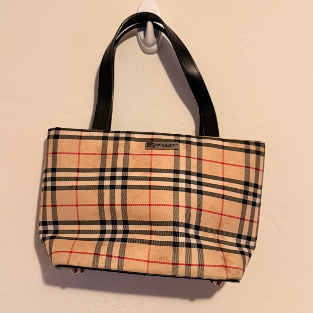 Burberry Beige Plaid Mini Tote with Black Leather Handles